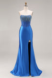 Royal Blue Mermaid Beaded Strapless Maxi Corset Prom Dress with Slit