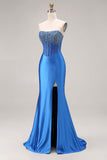 Royal Blue Mermaid Beaded Strapless Maxi Corset Prom Dress with Slit