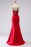 Red Mermaid Appliqued Spaghetti Straps Maxi Prom Dress with Slit