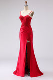 Red Mermaid Appliqued Spaghetti Straps Maxi Prom Dress with Slit