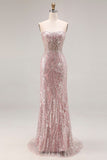 Sparkly Light Pink Beaded Mermaid Strapless Long Corset Prom Dress