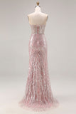 Sparkly Light Pink Beaded Mermaid Strapless Long Corset Prom Dress