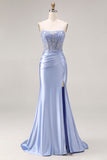 Dusty Blue Mermaid Spaghetti Straps Maxi Prom Dress with Slit
