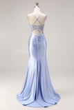 Dusty Blue Mermaid Spaghetti Straps Maxi Prom Dress with Slit