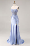 Dusty Blue Mermaid Spaghetti Straps Maxi Prom Dress with Slit