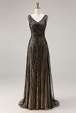 Sparkly Black Beaded V-Neck A Line Maxi Prom Dress
