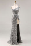Sparkly Silver Beaded Mermaid One Shoulder Long Prom Dress with Slit