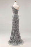 Sparkly Silver Beaded Mermaid One Shoulder Long Prom Dress with Slit