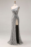 Sparkly Silver Beaded Mermaid One Shoulder Long Prom Dress with Slit