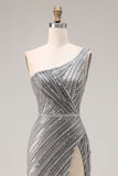 Sparkly Silver Beaded Mermaid One Shoulder Long Prom Dress with Slit