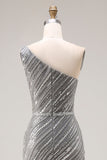 Sparkly Silver Beaded Mermaid One Shoulder Long Prom Dress with Slit