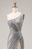 Sparkly Silver Beaded Mermaid One Shoulder Long Prom Dress with Slit