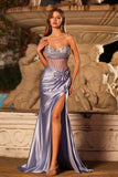 Sparkly Lilac Sheer Bone Corset Maxi Prom Corset Dress with Slit
