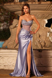 Sparkly Lilac Sheer Bone Corset Maxi Prom Corset Dress with Slit