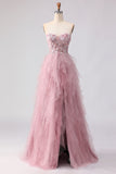 Floral Pink Tulle Sweetheart A Line Long Prom Dress with Beading