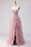 Floral Pink Tulle Sweetheart A Line Long Prom Dress with Beading