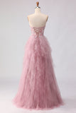 Floral Pink Tulle Sweetheart A Line Long Prom Dress with Beading
