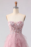 Floral Pink Tulle Sweetheart A Line Long Prom Dress with Beading