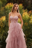 Floral Pink Tulle Spaghetti Straps Ball Gown Maxi Prom Dress