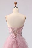 Floral Pink Tulle Sweetheart A Line Long Prom Dress with Beading