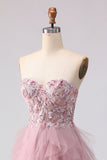 Floral Pink Tulle Sweetheart A Line Long Prom Dress with Beading