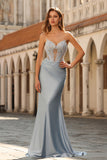 Sky Blue Mermaid Satin Beaded Sweetheart Maxi Corset Prom Dress