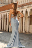 Sky Blue Mermaid Satin Beaded Sweetheart Maxi Corset Prom Dress