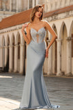Sky Blue Mermaid Satin Beaded Sweetheart Maxi Corset Prom Dress