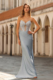 Sky Blue Mermaid Satin Beaded Sweetheart Maxi Corset Prom Dress