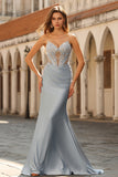 Sky Blue Mermaid Satin Beaded Sweetheart Maxi Corset Prom Dress