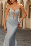 Sky Blue Mermaid Satin Beaded Sweetheart Maxi Corset Prom Dress