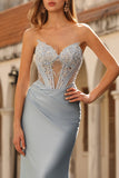Sky Blue Mermaid Satin Beaded Sweetheart Maxi Corset Prom Dress