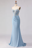 Sky Blue Mermaid Satin Beaded Sweetheart Long Corset Prom Dress
