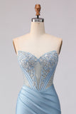 Sky Blue Mermaid Satin Beaded Sweetheart Long Corset Prom Dress