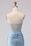 Sky Blue Mermaid Satin Beaded Sweetheart Long Corset Prom Dress