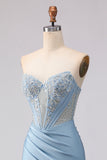 Sky Blue Mermaid Satin Beaded Sweetheart Long Corset Prom Dress