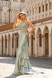 Floral Light Green Beaded Mermaid Sheer Boned Corset Maxi Prom Dress with Ruffles
