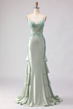 Floral Light Green Beaded Mermaid Long Corset Prom Dress with Ruffles