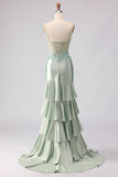 Floral Light Green Beaded Mermaid Long Corset Prom Dress with Ruffles