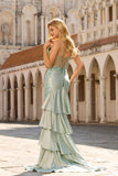 Floral Light Green Beaded Mermaid Sheer Boned Corset Maxi Prom Dress with Ruffles