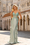 Floral Light Green Beaded Mermaid Sheer Boned Corset Maxi Prom Dress with Ruffles