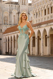 Floral Light Green Beaded Mermaid Long Corset Prom Dress with Ruffles