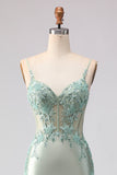 Floral Light Green Beaded Mermaid Long Corset Prom Dress with Ruffles