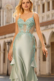Floral Light Green Beaded Mermaid Sheer Boned Corset Maxi Prom Dress with Ruffles