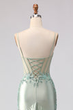 Floral Light Green Beaded Mermaid Long Corset Prom Dress with Ruffles