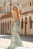 Floral Light Green Beaded Mermaid Long Corset Prom Dress with Ruffles