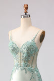Floral Light Green Beaded Mermaid Long Corset Prom Dress with Ruffles