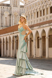 Floral Light Green Beaded Mermaid Long Corset Prom Dress with Ruffles