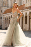 Floral Peach Beaded Tulle Sheer Bone Corset Maxi Prom Dress with Slit