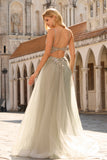 Floral Peach Beaded Tulle Sheer Bone Corset Maxi Prom Dress with Slit